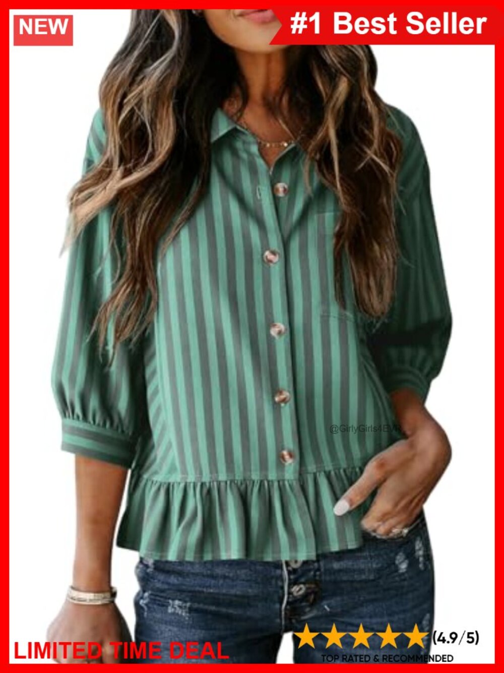 Boho Striped Button Down Blouse 3/4 Ruffle Sleeve Peplum Tiered Top